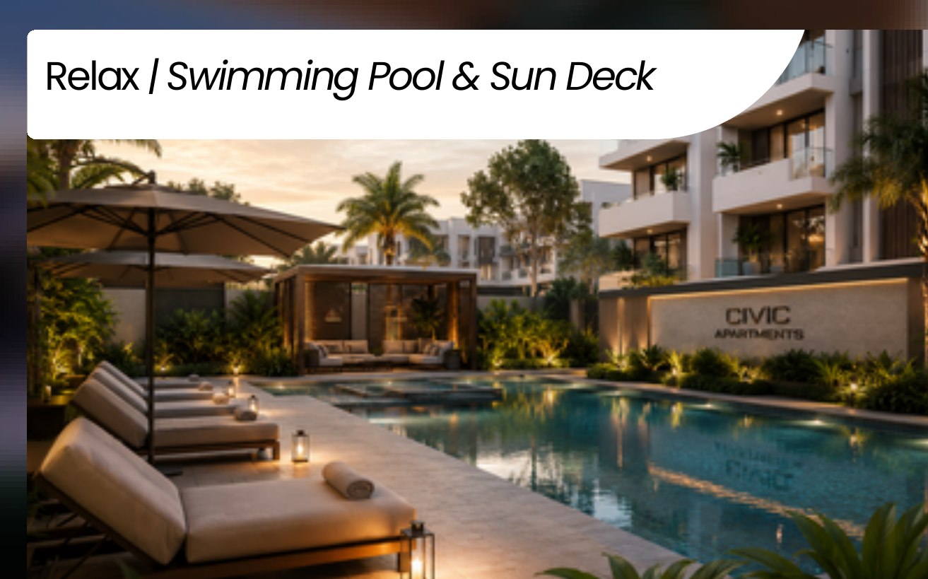 Swimming pool and sun deck at Civic Apartments