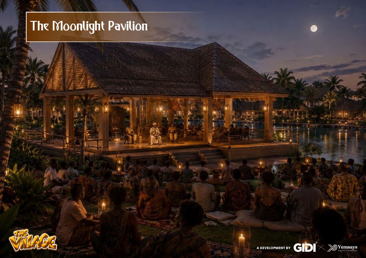 The Moonlight Pavilion concept render, night waterfront gathering space