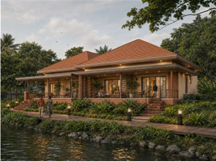 Riverside Settlement render, semi-detached homes along a stream corridor