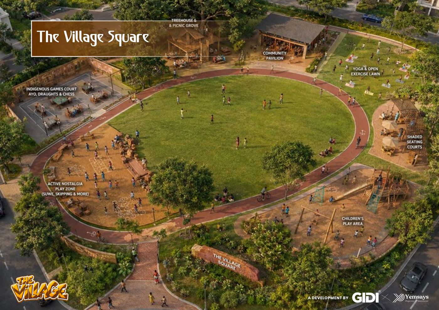 The Village Square masterplan render, showing community pavilion, play areas and green spaces