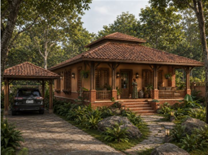 Woodland Settlement bungalow render, set within preserved forest canopy